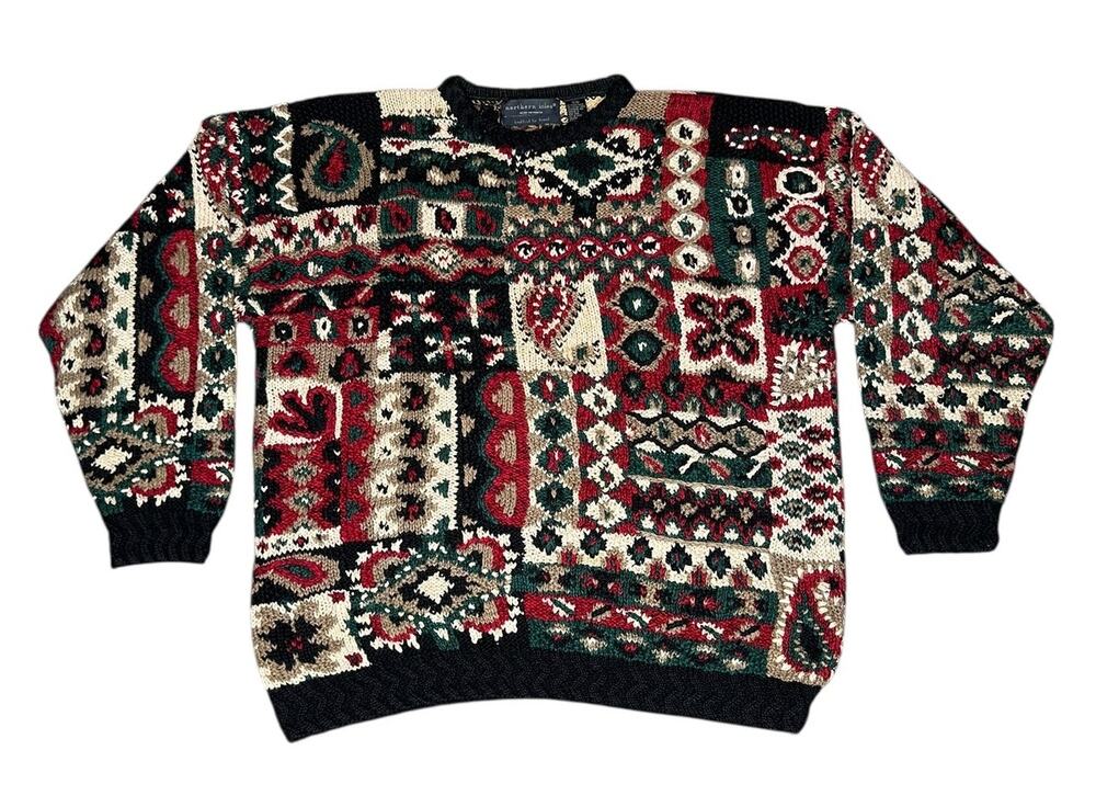 Vintage 90s Northern Isles Hand Knitted Patchwork Crewneck Sweater